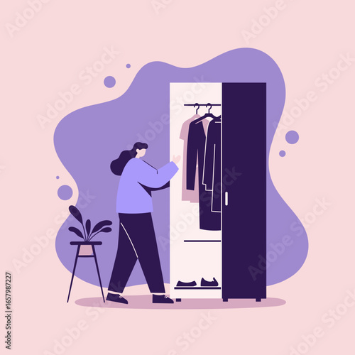 Woman organizes or chooses clothes from her wardrobe at home. Illustrates daily routine, personal style, fashion, and home organization concepts.
