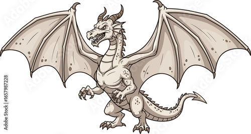 Cartoon dragon illustration, large wings, fierce expression, sharp claws, spiked tail, mythical creature, fantasy beast, vector art, monster design