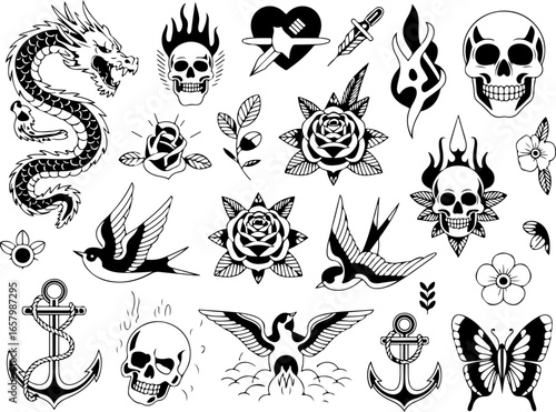 Traditional Tattoo Flash Art Bundle | Dragon, Skull & Classic Symbols SVG