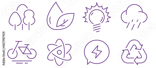 Diverse icons representing nature, energy, and sustainability for environmental concepts.