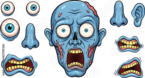 Cartoon facial features, blue zombie head, expressive eyes, mouths, ears, noses, character design elements, vector illustration, monster emotions
