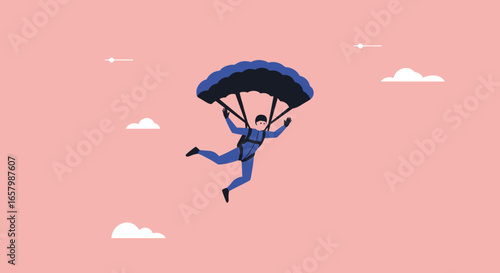 Man enjoying skydiving adventure with a blue parachute against a clear sky, symbolizing freedom and challenge. Ideal for travel, sport, and lifestyle concepts.