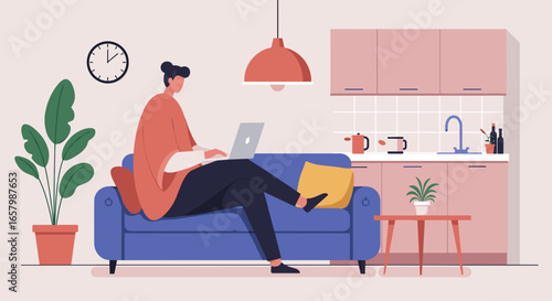 Person working remotely from a comfortable sofa in a modern, minimalist home. Ideal for concepts of work-life balance, online education, or digital living.
