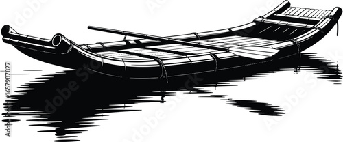 Traditional wooden boat with oars on calm water illustration