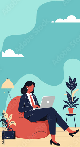 Professional woman works comfortably on laptop in a modern, relaxed home or flexible office environment, symbolizing remote work and efficiency.