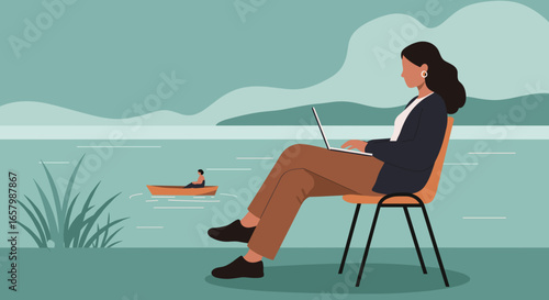 Woman works remotely on a laptop by a tranquil lake, balancing professional tasks with serene natural beauty. Ideal for modern work and lifestyle.