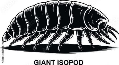 Detailed black and white illustration of a giant isopod