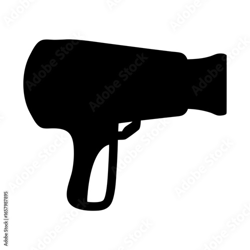A simple black silhouette of a hair dryer on a white background