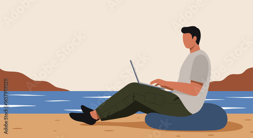 Illustrative scene of a person working remotely on a laptop by the sea, embodying digital nomadism, freedom, and a balanced lifestyle.