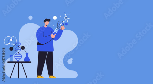Scientist researching genetics with a magnifying glass, surrounded by DNA and molecular structures. Concept of scientific discovery, biology, and innovation.