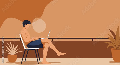 Young man working remotely on a laptop from a comfortable outdoor setting like a balcony, representing flexible work and digital lifestyle.