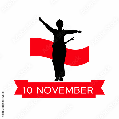 Silhouette of Indonesian Heroine with Sword, Arms Raised, Celebrating Freedom.