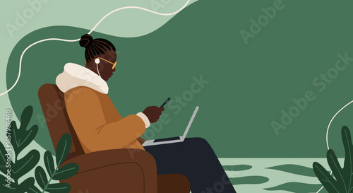 Relaxed person working or learning from home, utilizing a laptop and smartphone with earphones. Modern digital lifestyle and remote productivity concept.