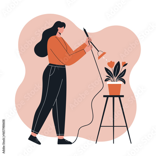 Woman watering a houseplant, symbolizing home care, growth, and a mindful lifestyle. Ideal for gardening, domestic, and wellness themes.