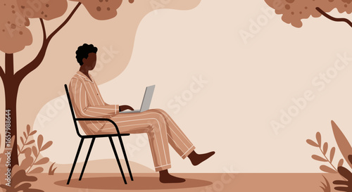 Relaxed man in pajamas works on laptop outdoors, embracing flexible remote work and digital lifestyle. Ideal for business, productivity, or wellness concepts.