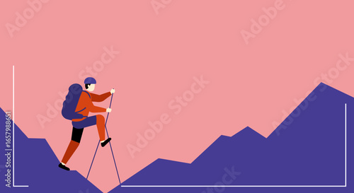 Minimalist illustration of a person hiking uphill with poles and backpack, symbolizing progress, challenge, and outdoor adventure.