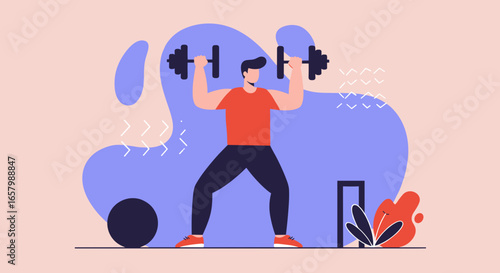 Man exercising with dumbbells, demonstrating strength and active lifestyle. Ideal for fitness, health, and workout themes, promoting wellness and physical activity.