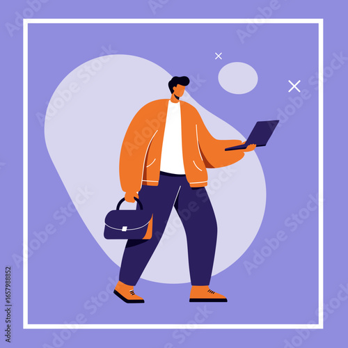 Modern man walks with laptop and briefcase, embodying remote work, entrepreneurship, and productivity in a fast-paced digital world.