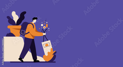 Modern illustration of a man with a backpack carrying a bag, ideal for concepts of lifestyle, shopping, delivery, or daily errands.