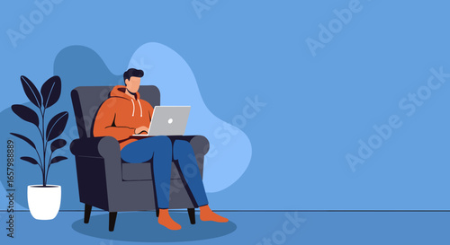 Person comfortably working from home on a laptop in a cozy armchair, representing remote work, online learning, or casual internet use.