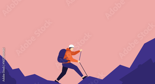 Adventurous person climbing a stylized mountain with a backpack and trekking pole, symbolizing challenge, exploration, and success in outdoor journeys.