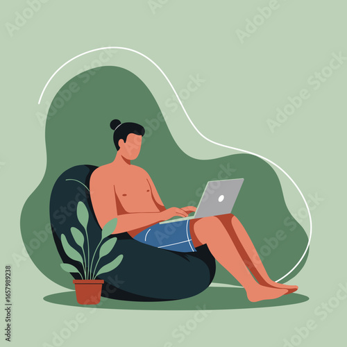 Man working comfortably on a laptop in a relaxed setting, ideal for remote work, digital nomads, and modern lifestyle concepts.