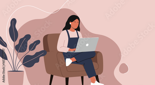 Young woman working remotely from home, comfortably seated in an armchair with a laptop. Illustrates online education, freelance work, and modern lifestyle.