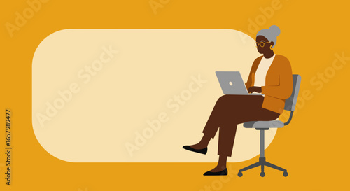 Mature Black woman working on laptop, representing remote work, online learning, and digital literacy. Ideal for business, education, or modern lifestyle themes.