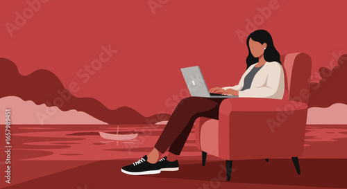 Woman works remotely on laptop from a comfortable armchair, overlooking a serene lake with mountains. Ideal for digital nomad, flexible work, and lifestyle themes.