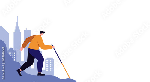 An independent visually impaired man using a white cane walks confidently through an urban city landscape. Concept of accessibility, independence, and inclusive urban living.