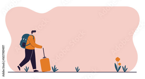 A traveler with a backpack and suitcase embarks on a journey, symbolizing adventure, exploration, and freedom. Ideal for travel, vacation, or lifestyle concepts.