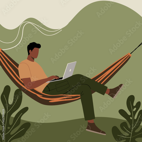 Relaxed man working on a laptop in a hammock amidst nature, symbolizing remote work, freedom, and a balanced lifestyle.