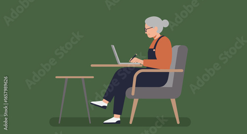 Elderly woman actively learning or working on a laptop, representing lifelong education, digital literacy, and independent senior lifestyle.