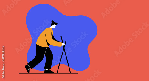 Person Nordic walking with poles, symbolizing an active and healthy lifestyle. Ideal for fitness, outdoor recreation, and wellness concepts.