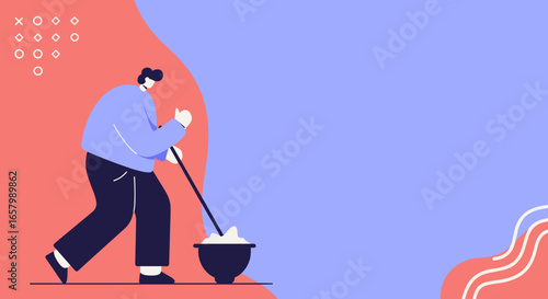 Minimalist flat design illustration of a person stirring a mixture in a bowl, ideal for concepts of preparation, development, or creative process, with copy space.