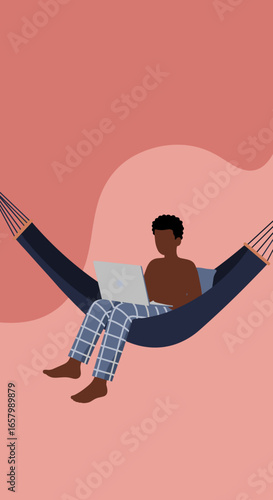African American man working on laptop from a comfy hammock, symbolizing remote work, digital nomad lifestyle, and relaxation.