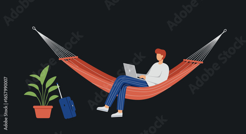 Man working on a laptop in a hammock with a suitcase, symbolizing flexible remote work, digital nomad lifestyle, and travel freedom.