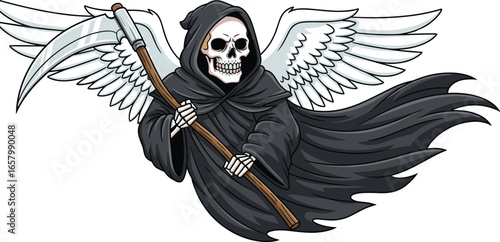 Grim Reaper with wings, skeleton figure, scythe weapon, black cloak, angelic death, fantasy horror, vector illustration, gothic character design