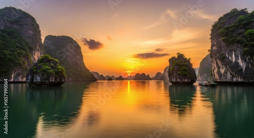 Wide shot of dramatic Karst Limestone Towers at sunset, reflecting in calm water, with warm golden light and a serene atmosphere in Halong Bay, Vietnam.