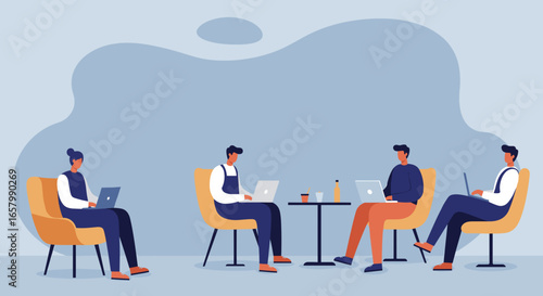 Diverse individuals focused on their laptops in a modern co-working space or cafe. Ideal for concepts of remote work, productivity, digital learning, and collaborative business.
