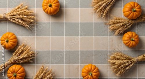 Autumn harvest decoration with small pumpkins and wheat on a checkered background