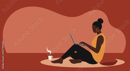 African American woman comfortably working or studying on a laptop at home, ideal for remote work, online education, or freelance lifestyle concepts.