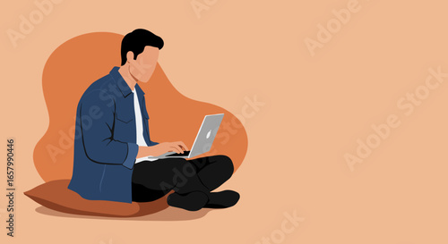 Young person sitting comfortably, focused on a laptop. Ideal for themes of remote work, online education, freelancing, and digital lifestyle.