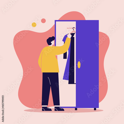 Man selecting clothing from a wardrobe, illustrating daily routine, personal style, and getting dressed. Perfect for lifestyle and fashion concepts.