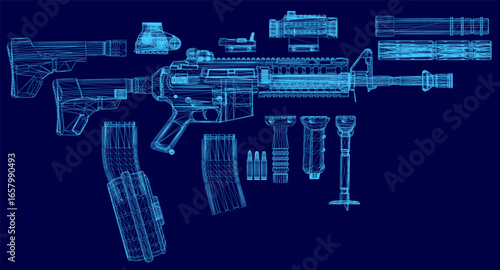 Blueprint of an rifle with labeled parts on a blue background. Detailed wireframe design includes numbered components and technical specifications.