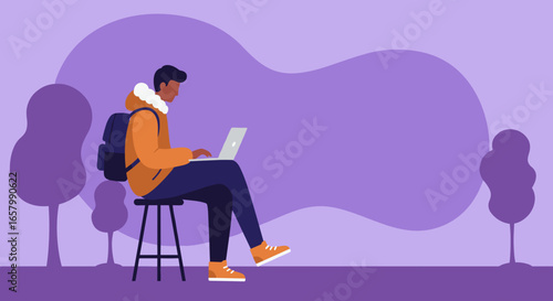 Modern student or remote worker uses laptop outdoors, embodying digital learning, flexible work, and modern connectivity concepts.