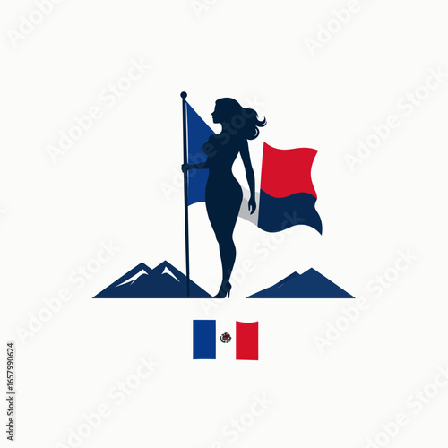 Silhouetted Woman Holding Flags of France and Haiti, National Pride