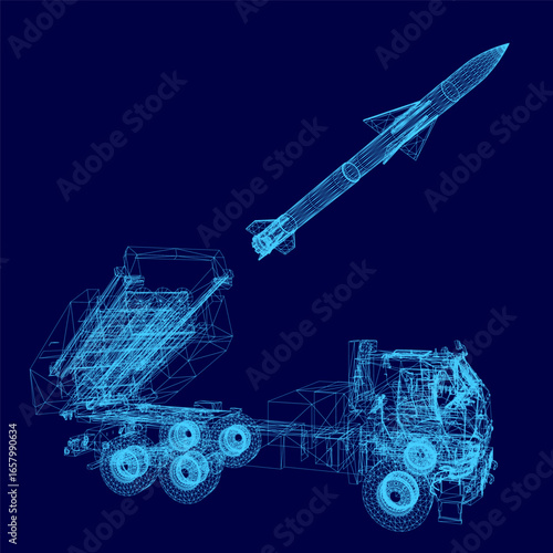 A 3D wireframe missile with a long pointed nose and tail stands out against a blue background. The detailed military launcher design highlights precision engineering.