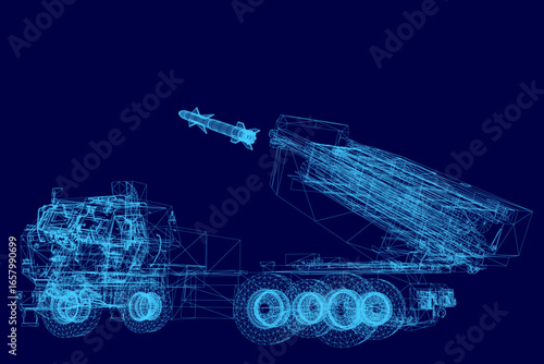 A 3D wireframe missile with detailed components stands out against a blue background. The military launcher features intricate structural elements and precise engineering design.