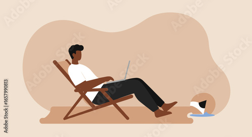 Person comfortably working remotely on a laptop in a lounge chair, symbolizing flexible work, productivity, and a relaxed lifestyle.